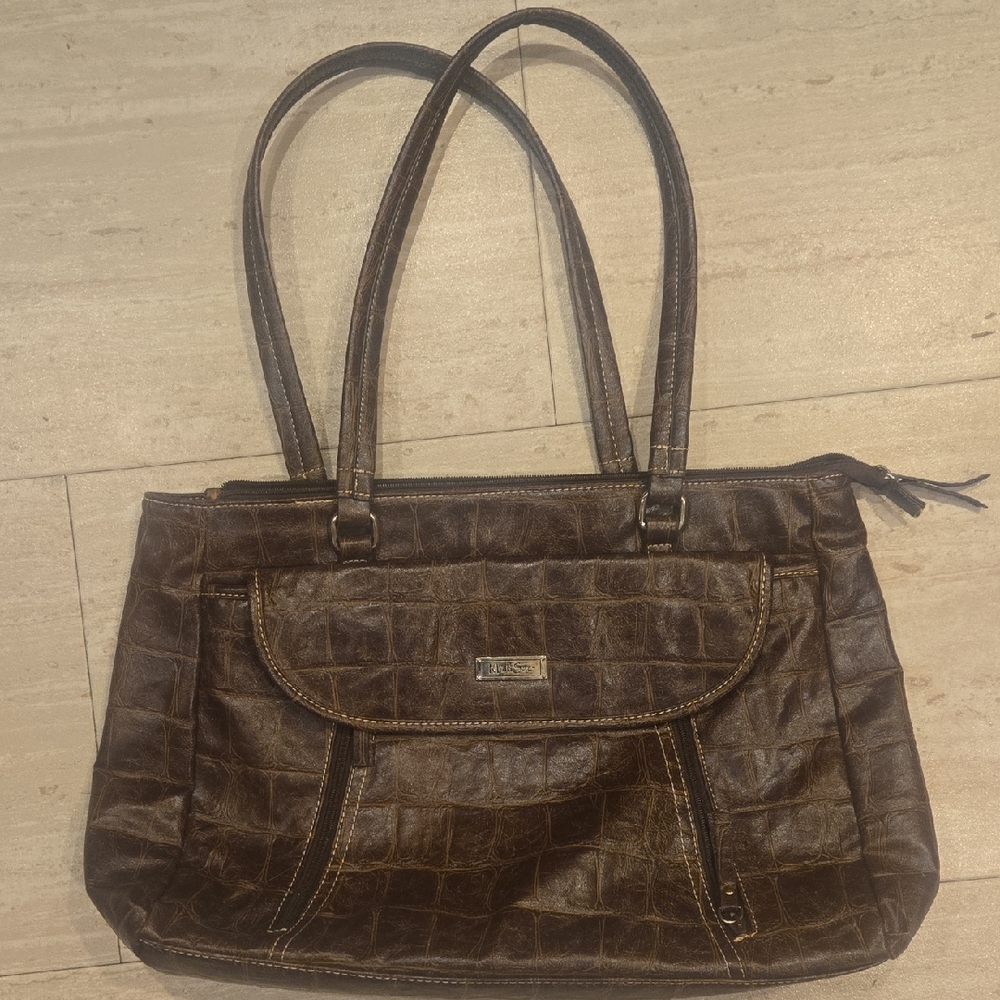 MultiSac Brown Faux Croc Embossed Messenger Tote Bag - Picture 1 of 10